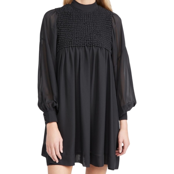 Ganni Medium Smock Chiffon Dress Black Smocked Bib Long Sleeve Mini Luxury - Picture 1 of 16
